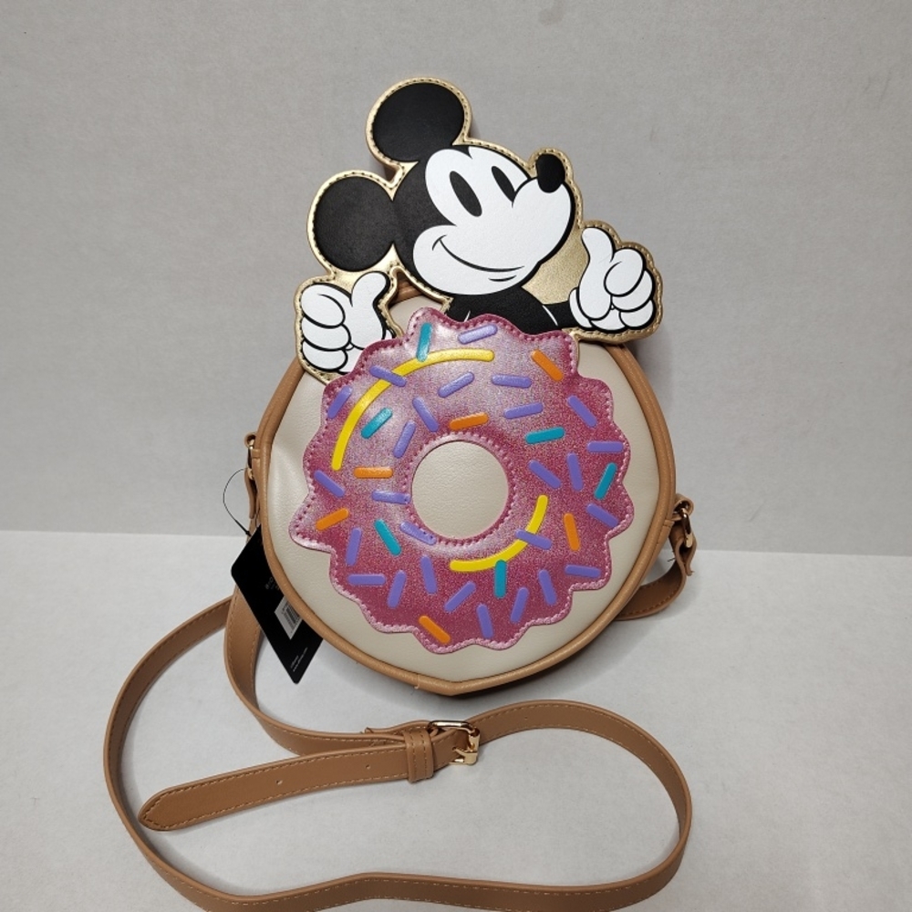 DISNEY Bioworld MICKEY MOUSE Sprinkle Donut Tan Crossbody Bag Purse New - Picture 2 of 6